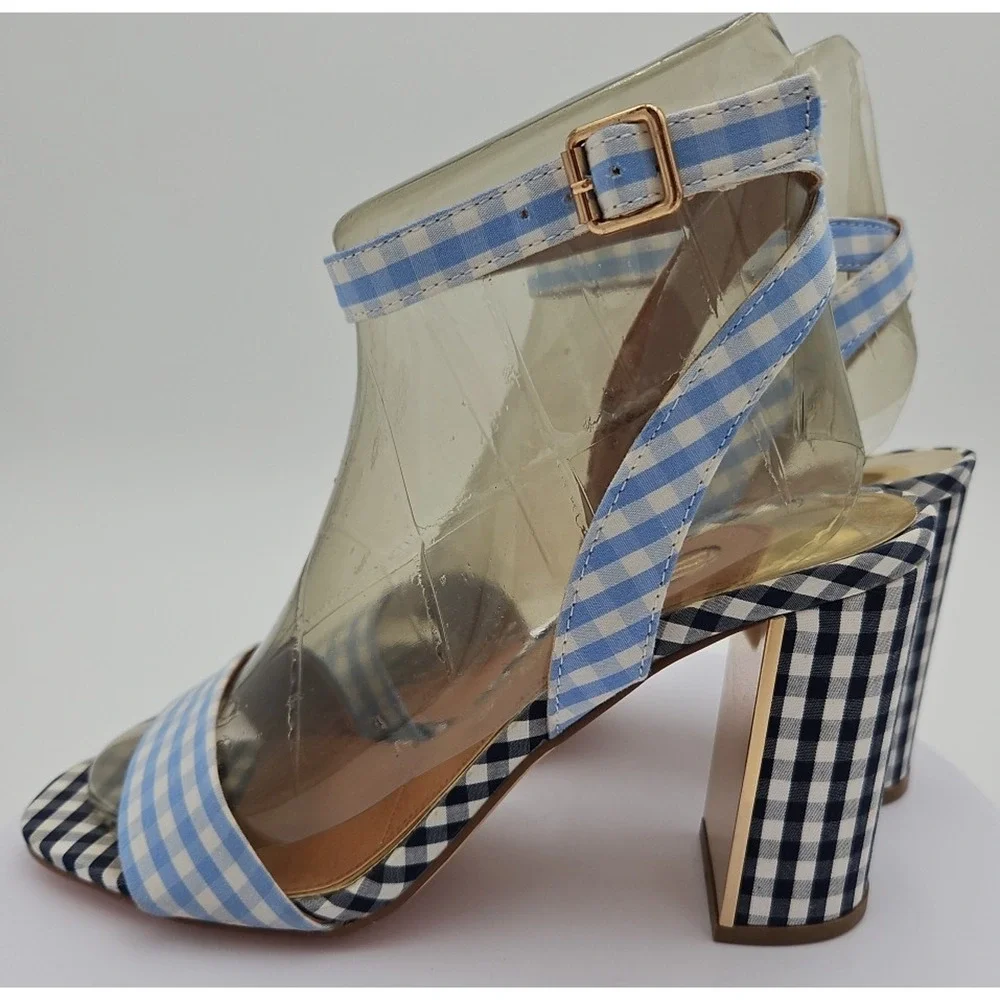 River Island‎ Lt & Dk Blue Gingham Strappy Sandal 4 inch Heels Womens Sz 7 *EUC*
